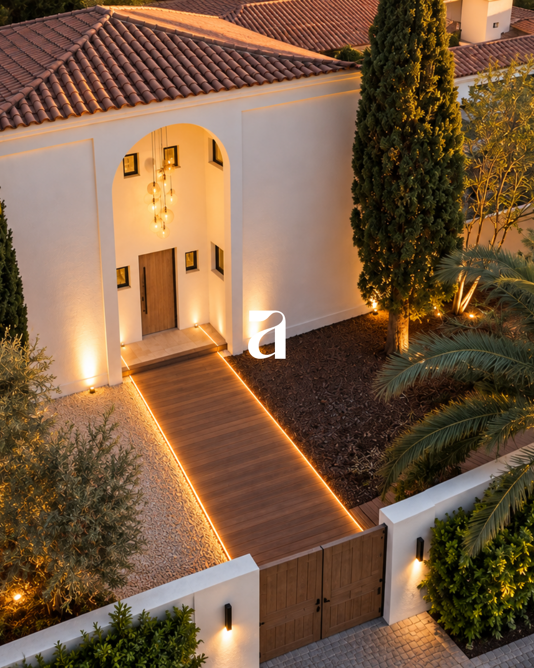 Entrée d’une villa méditerranéenne éclairée au crépuscule